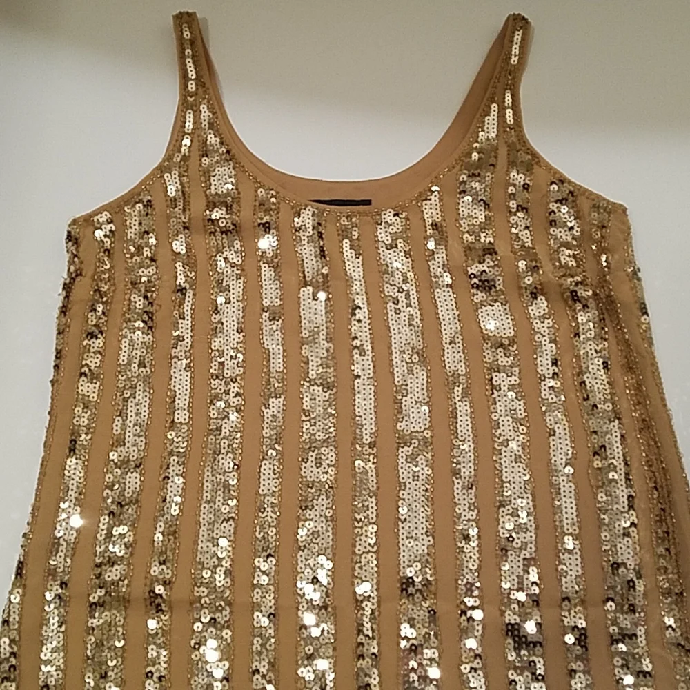 Gold Metallic Sequin and Silk Above Knee Shift Dress Party Dance Prom Sz 2 EUC - Picture 6 of 14